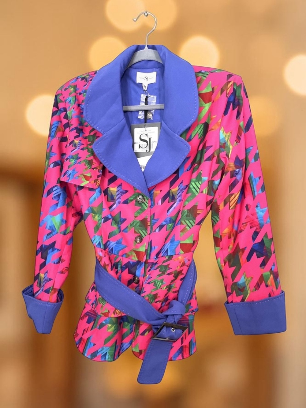 Sassy Jones Waverly Blazer Medium Multicolor Houndstooth Belted Jacket NWT
